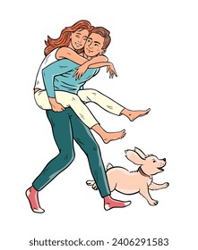 Young cheerful couple in a joyful embrace. A girl and a guy together. Happy family with dog. Cartoon vector art illustration. Hand drawn line