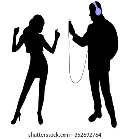 Young cheerful couple listening music 