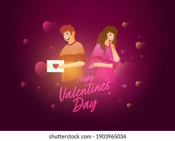 Young Cheerful Couple With Love Letter And Hearts Decorated On Purple Background For Happy Valentine's Day.