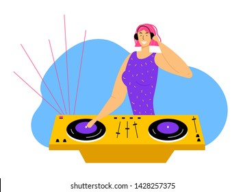 Young Cheerful Dj Girl with Pink Hair and Headphones Remixing Music on Midi Controller at Night Disco Club Party. Multimedia, Nightlife and Entertainment Concept, Cartoon Flat Vector Illustration