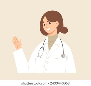 Young cheerful doctor raise her hand to point or suggest. Concept of health care, treatment, hospital, medical consultation, communication, advice, information. Flat vector illustration character.