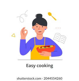 Young Cheerful Female Character Is Enjoing Easy Cooking At Home Using Easy Ingredients On White Background. Different People Are Enjoing To Cook At Home. Flat Cartoon Vector Illustration