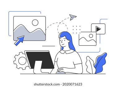 Young cheerful female character is working on computer in office. Concept of scenes with men and women taking part in everyday business activities. Flat cartoon vector illustration