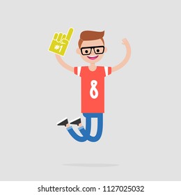 Young cheerful football fan celebrating the victory. Flat vector illustration, clip art