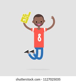 Young cheerful football fan celebrating the victory. Flat vector illustration, clip art