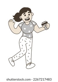 Young cheerful girl with a cup of coffee. Vector monochrome isolated doodle illustration.