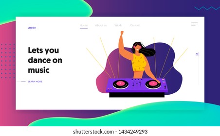 Young Cheerful Girl Dj Remixing Music on Midi Controller at Night Disco Club Party. Music Lifestyle, Nightlife Entertainment Website Landing Page, Web Page. Cartoon Flat Vector Illustration, Banner