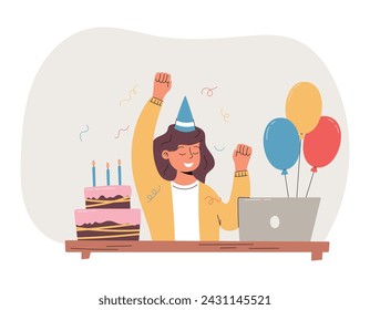 Young cheerful girl in a festive cap celebrating her birthday at work at her desk. Corporate holiday, office desk, with cake, laptop and balloons. Vector isolated flat woman illustration.