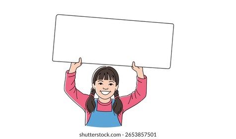 Jovem menina alegre segurando uma placa vazia de mensagem vazia em branco acima de sua cabeça pronta para comunicar ideias e expressar pensamentos
