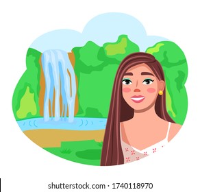 Young cheerful girl make selfie during traveling. Traveler make photo at waterfall background. Happy smiling brunette looking at camera. Photo of memorable place. Trip or journey time. Cartoon avatar