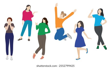 Young cheerful girls posing, faceless illustration, flat style, isolate on white