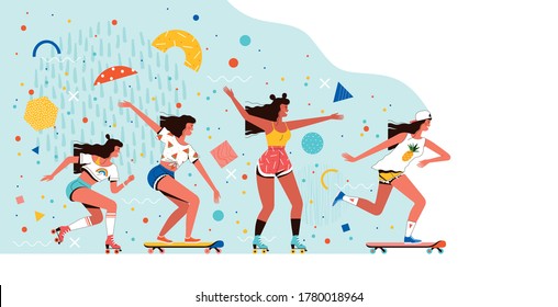 Young cheerful girls ride roller skates and skateboards. Summer rest and entertainment. Fun outdoor activities with friends