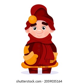 A young cheerful gnome in a red hat with a bell and a red fur coat, boots and mittens. Isolated vector image of a gnome with a smile in winter on a white background