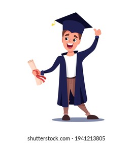 Young cheerful graduate boy in graduation cloak and hat showing diploma. Concept of education and online learning. Vector cartoon illustration isolated on white background. 