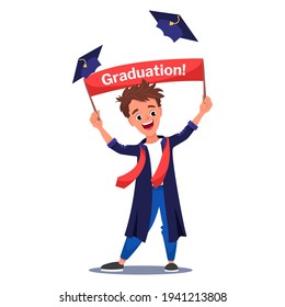 Young Cheerful Graduate Boy In Graduation Cloak Holding A Banner With An Inscription. Concept Of Education. Vector Cartoon Illustration Isolated On White Background. 