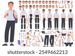 Young cheerful guy character constructor. Blogger student influencer. Set of different positions of arms legs head and body to create animation or your own illustrations. DIY kit. Vector illustration