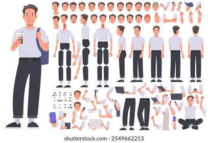 Young cheerful guy character constructor. Blogger student influencer. Set of different positions of arms legs head and body to create animation or your own illustrations. DIY kit. Vector illustration