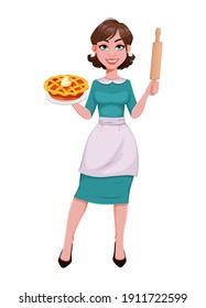 Young cheerful housekeeper, mother, beautiful successful woman. Cheerful lady in apron standing with tasty pie. Stock vector illustration