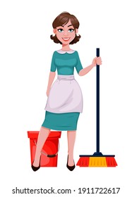 Young cheerful housekeeper, mother, beautiful successful woman. Cheerful lady in apron going to clean the floor. Stock vector illustration