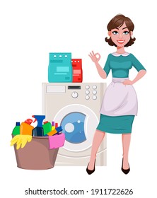 Young cheerful housekeeper, mother, beautiful successful woman. Cheerful lady, housewife in apron washing clothes. Stock vector illustration