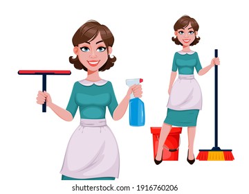 Young cheerful housekeeper, mother, beautiful successful woman. Cheerful lady, housewife in apron, set of two poses. Stock vector illustration