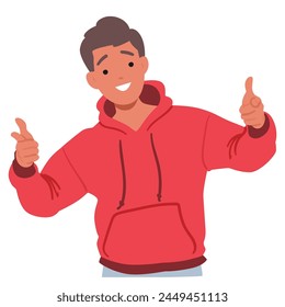 Young Cheerful Male Character in Red Hoodie Gesturing Directly At The Viewer With Both Index Fingers Extended, Indicating Focus, Engagement, Choice Or Invitation. Cartoon People Vector Illustration