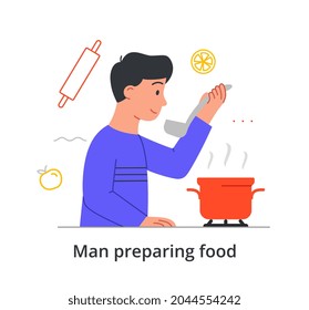 Young cheerful male character tastes the dish he prepared at home using a pot on white background. Concept of varous people trying to cook in comfort at home. Flat cartoon vector illustration