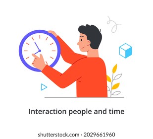 Young Cheerful Male Character Is Trying Change Time On Clock To Be On Time On White Background. Concept Of Time Efficiency, Work Management, Not Runing Late. Flat Cartoon Vector Illustration