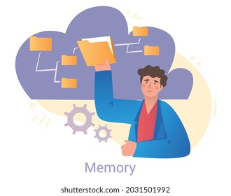 Young cheerful male character is using his memory to sort out infromation on white background. People solving problems using their brain, idea and fantasy of students. Flat cartoon vector illustration
