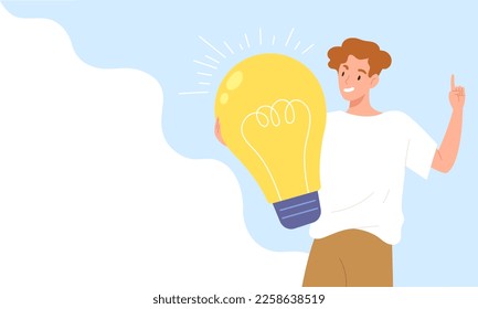 Joven hombre alegre con una gran bombilla en un fondo azul brillante. Plantilla para presentación, mensaje, información, negocio. Concepto de creatividad, idea, innovación. Ilustración vectorial plana.