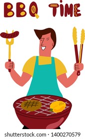 Young cheerful man makes barbecue. BBQ time poster design. Vector cartoon illustration isolated on white background. - Vector 