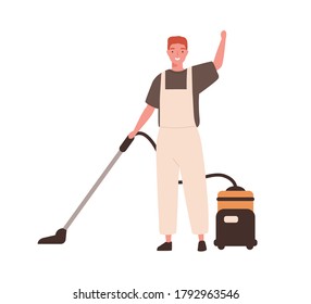 Young Cheerful Man In Office Cleaning Service, Janitor Uniform Vacuuming. Guy Hoover Up Floor With Vacuum Cleaner. Housekeeping Staff. Flat Vector Cartoon Illustration Isolated On White Background