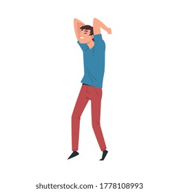 Young Cheerful Man Singing Along with Performers at Concert Vector Illustration