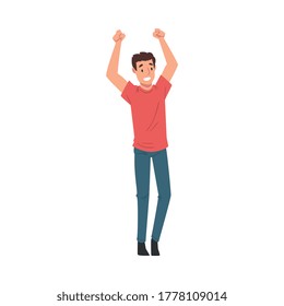 Young Cheerful Man Singing Along with Performers at Concert Vector Illustration