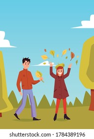 Young cheerful man and woman walking in the autumn park. An illustration of a couple spending a vacation, leisure or weekend. Vector flat design for a poster, banner or web.