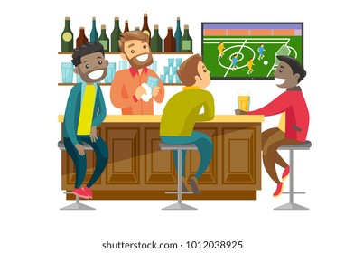 Young cheerful multiethnic people drinking beer and watching football match in the bar. Happy friends with beer in sport bar. Vector cartoon illustration isolated on white background. Square layout.