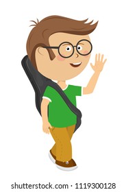 Young cheerful nerd boy walking with a guitar in the case waving on white