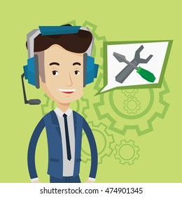 Joven animado operador de asistencia técnica usando auriculares. Operador de soporte técnico y cuadrado de voz amigable con destornillador y llave. Ilustración de diseño plana vectorial. Diseño cuadrado.
