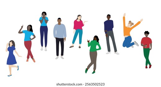 Young cheerful people with different skin colors posing, faceless illustration, flat style, isolate on white