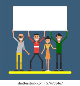 Young cheerful people holding a sign with blank space for inscription. Cartoon characters for the design of your banner. Vector illustration.