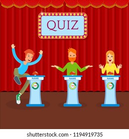 Young cheerful people participate in entertainment quiz. TV show or game in which participants or team respond to questions and guess riddles. Flat vector concept on stage with red curtains