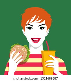 Young cheerful redhead woman eating hamburger and drinkink lemonade by straw, simple vector illustration