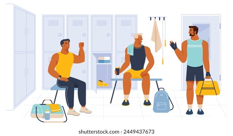 Young cheerful sportsmen in male locker room after gym training. Male athletes change clothes after workout. Flat vector illustration