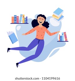 Young cheerful woman in casual clothing flying in blue cloud with a lot of book, papers and documents. Accessibility of information concept. Female happy girl reading and studying. Vector illustration