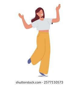 Young cheerful woman charming cartoon character feeling carefree and joyful dancing with raised hands isolated on white. Female individuality, positive thinking, romantic mood vector illustration