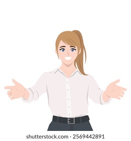 Young cheerful woman gesturing welcome sign with open arms. Flat vector Character Illustration