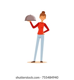 Young cheerful woman holding platter cloche, housewife girl cooking food in the kitchen flat vector Illustration