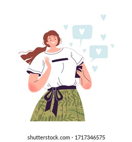 Young cheerful woman holds a phone in her hand and enjoys a lot of likes on social networks. Popular girl communicates with friends on the phone