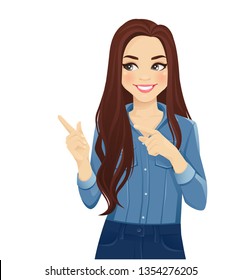 Young Cheerful Woman With Long Hair In Casual Denim Shirt Pointing Away Isolated Vector Illustration