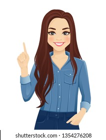 Young cheerful woman with long hair in casual denim shirt pointing up isolated vector illustration